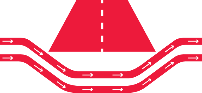 Illustration of a safety barrier with red and black lanes, guiding traffic around a construction zone or accident area.