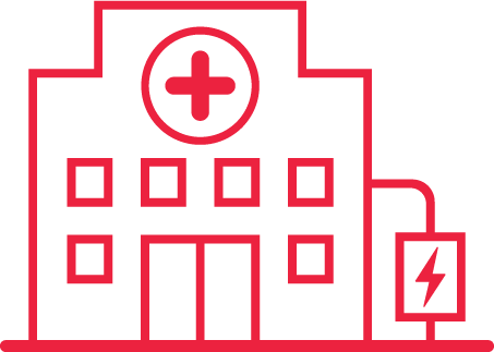 Line drawing of a hospital building with a red cross symbol at the top and a power symbol with a lightning bolt on the side.