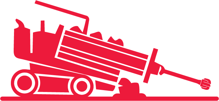 A simplified red graphic illustration of a tank with a large gun barrel and tank treads.