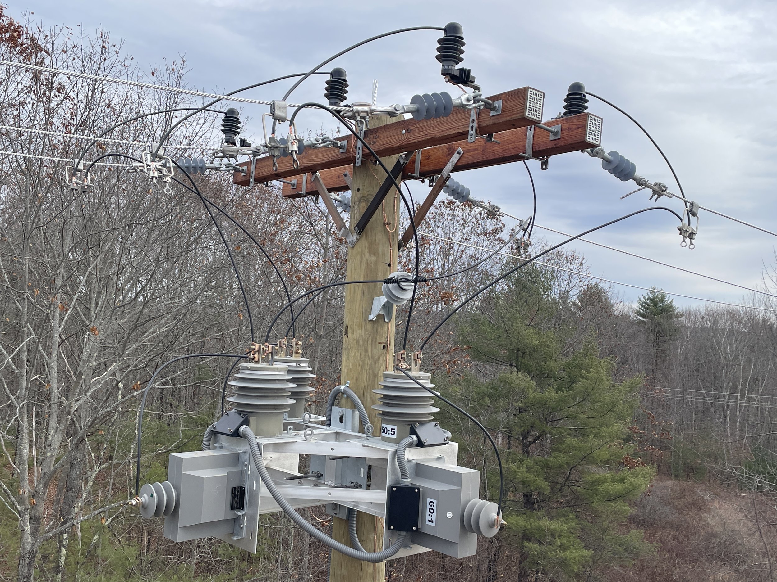 A wooden utility pole with multiple electrical insulators, transformers, and wires, set against a background of leafless trees and an overcast sky.