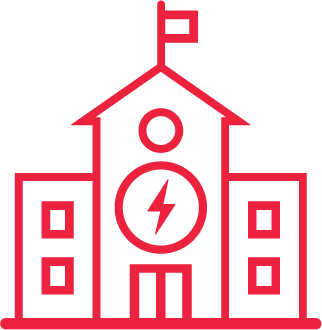 Simplified red outline of a school building with a flag on top, circular window, and a lightning bolt symbol in the center.