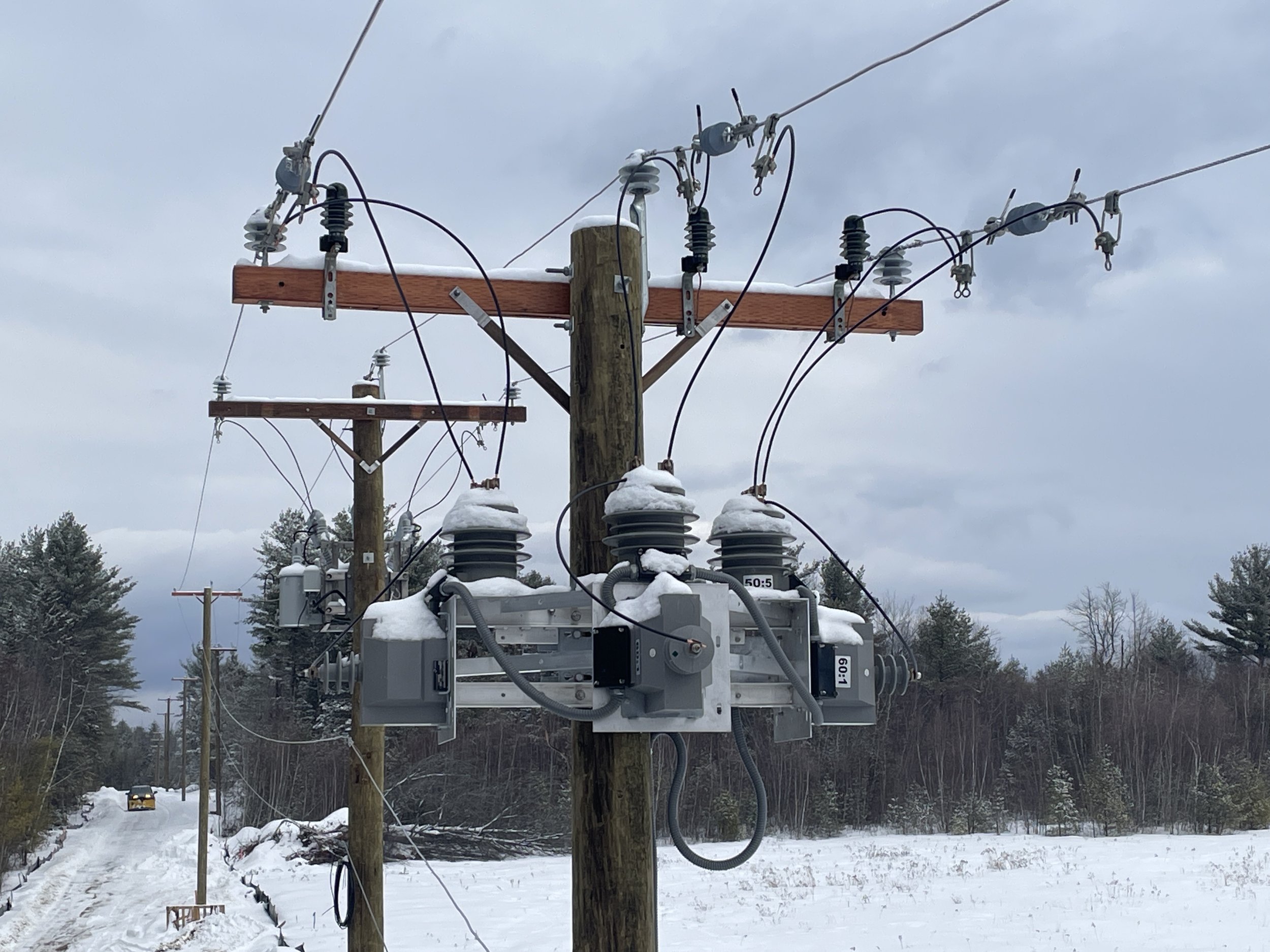 A utility pole with electrical insulators and transformers covered in snow stands outdoors, with a snowy landscape, trees, and a cloudy sky in the background.