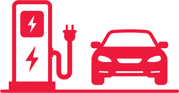 Icon of an electric vehicle charging station with a plug and lightning bolt symbols, and a car connected to the charger.