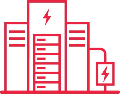 Line drawing of three power buildings and one power box, with a lightning bolt symbol, in red.