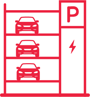 Multi-level parking garage with cars parked on each level and a parking sign.