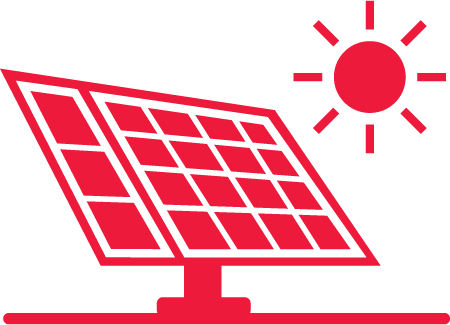Red solar panel facing the sun with sunlight rays in the background.