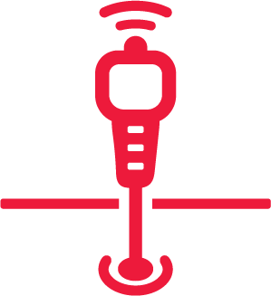 Stylized illustration of a geophone with radio waves emitting from the top, connected to a cable, on a black background.