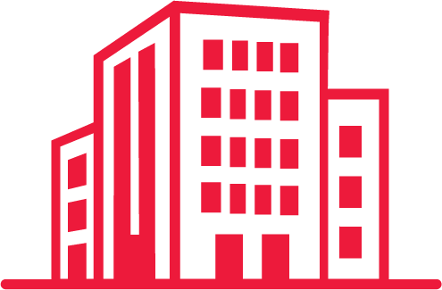 A red line drawing of a multi-story building with multiple windows.