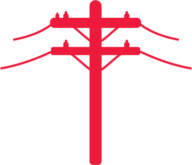 Red electric utility pole with power lines against a white background.