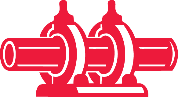A two-cylinder red metal engine part with visible pipe connections.