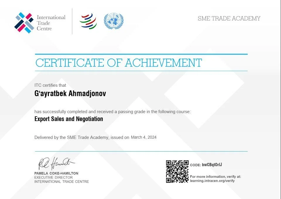 Certificate of Achievement issued to Gayratbek Ahmadjonov by the SME Trade Academy for completing the Export Sales and Negotiation course, dated March 4, 2024, signed by Pamela Coke-Hamilton, with logos of the International Trade Centre and United Na
