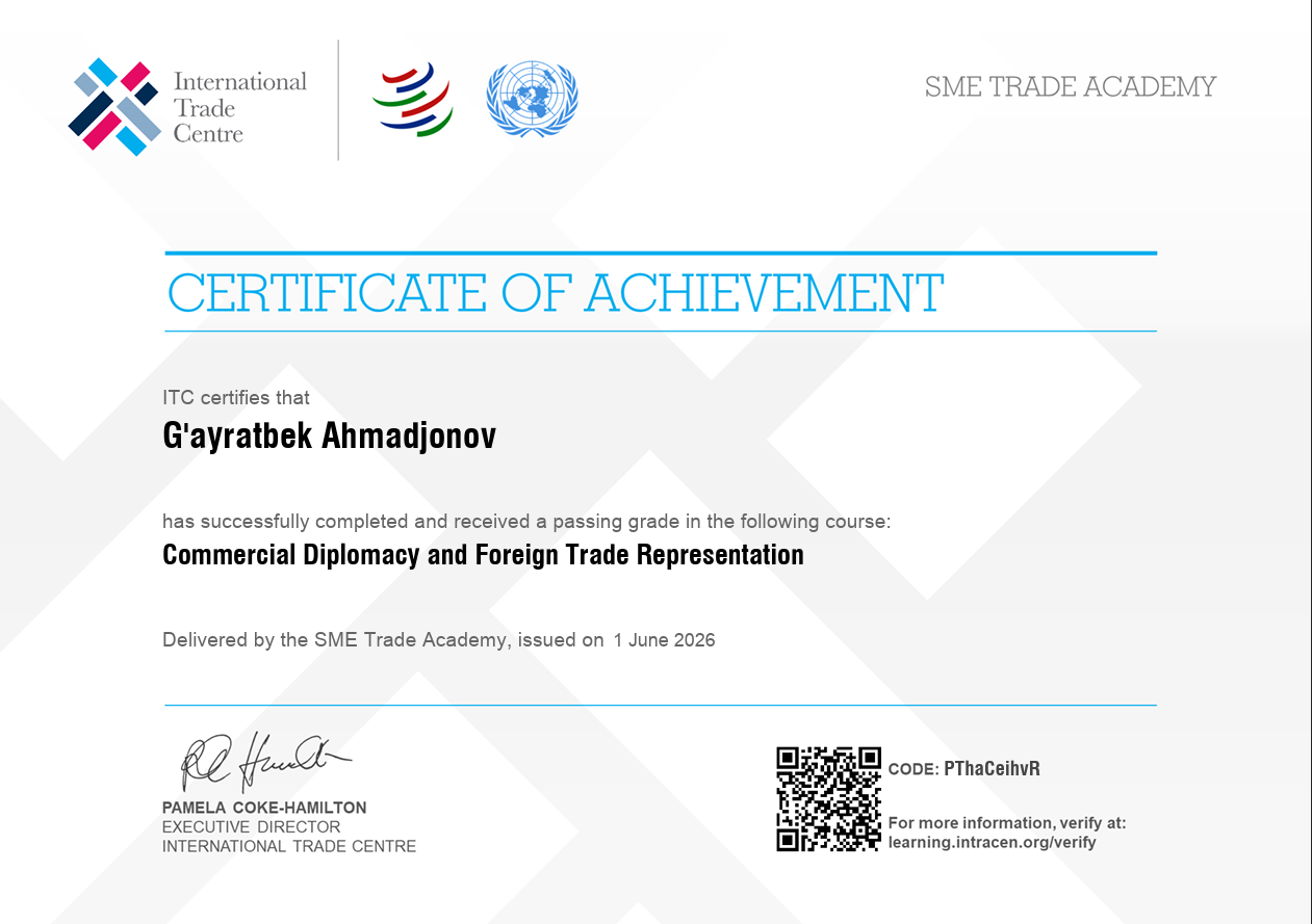 Certificate of achievement issued to Gayratbek Ahmadjonov by the SME Trade Academy, signed by Pamela Coke-Hamilton, dated June 1, 2026, with QR code and logos of the International Trade Centre, the UN, and other organizations.