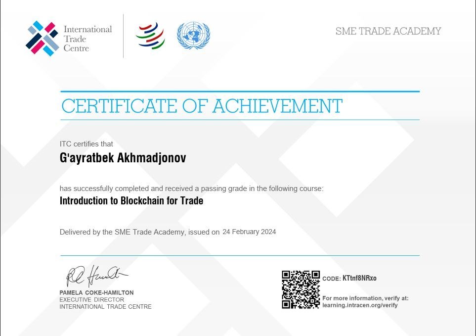 Certificate of Achievement awarded to G'ayratbek Akhmadjonov by SME Trade Academy, issued on February 24, 2024, for completing a course on Introduction to Blockchain for Trade, with signatures, logos, and a QR code.