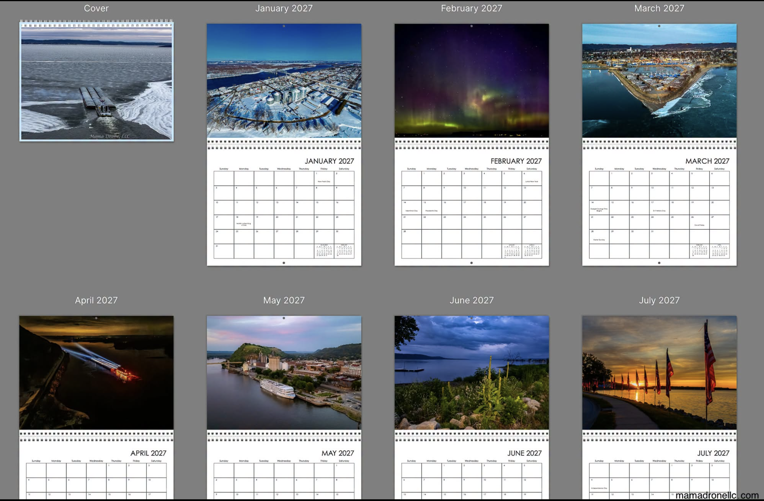 Drone photos of winter, spring, summer seasons for 2027 calendar.