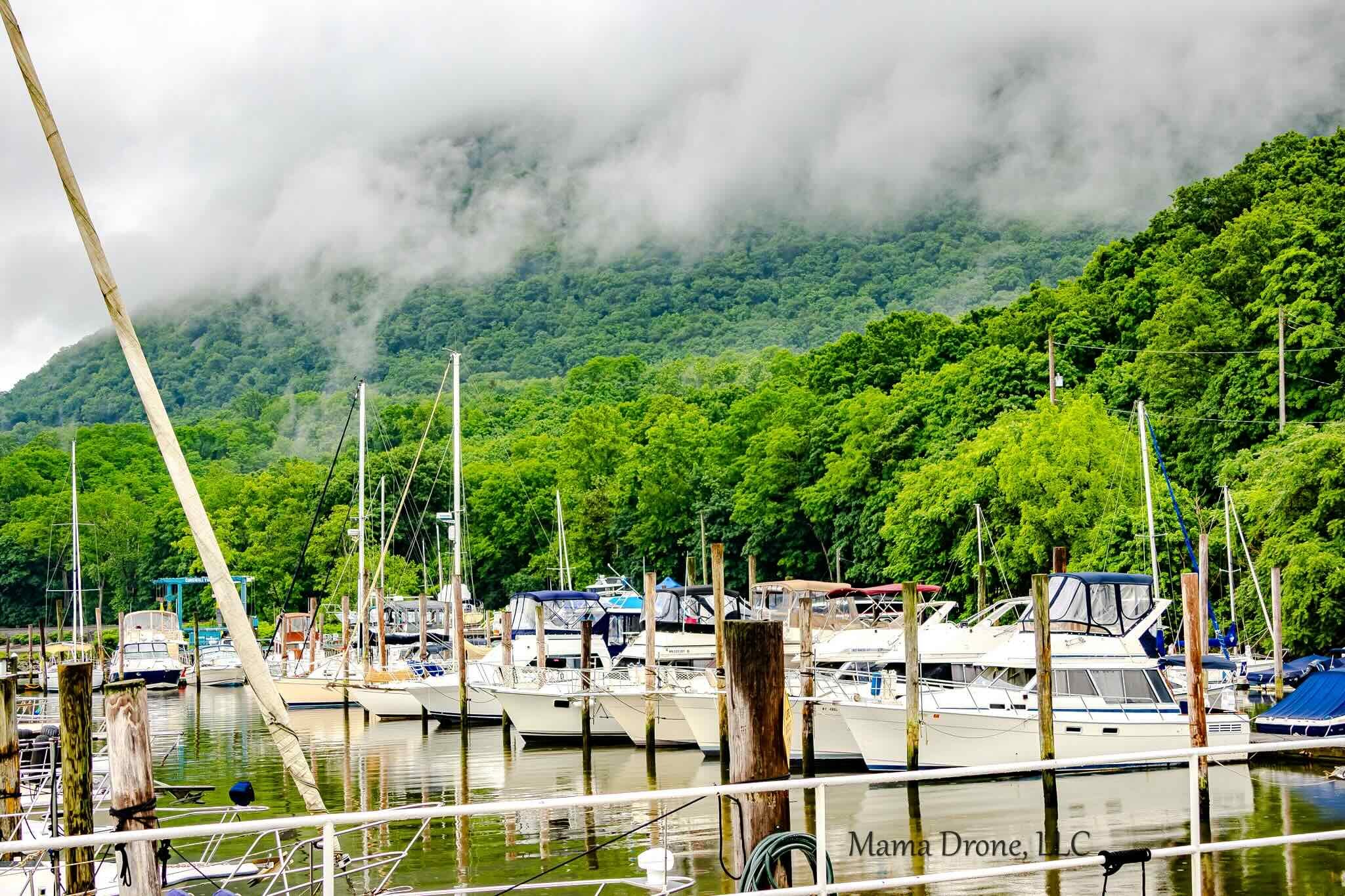 Marina with aged docks, yachts, boats and sailboats; tucked in a bay below lush green tree-filled bluffs and a blanket of white fog.