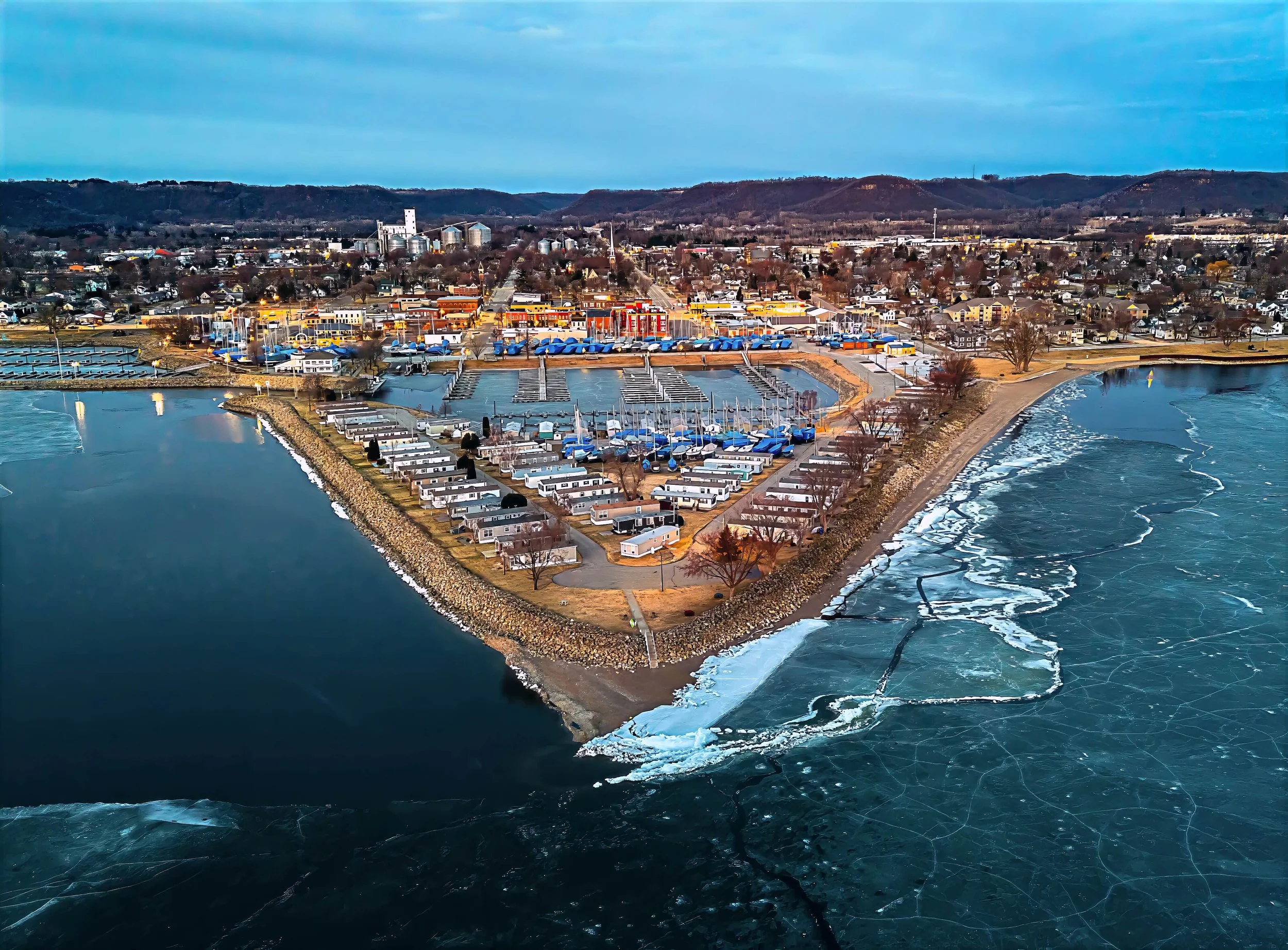 Winter Drone Photography:  Bird's eye views of Lake City, Minnesota's Marina Point.