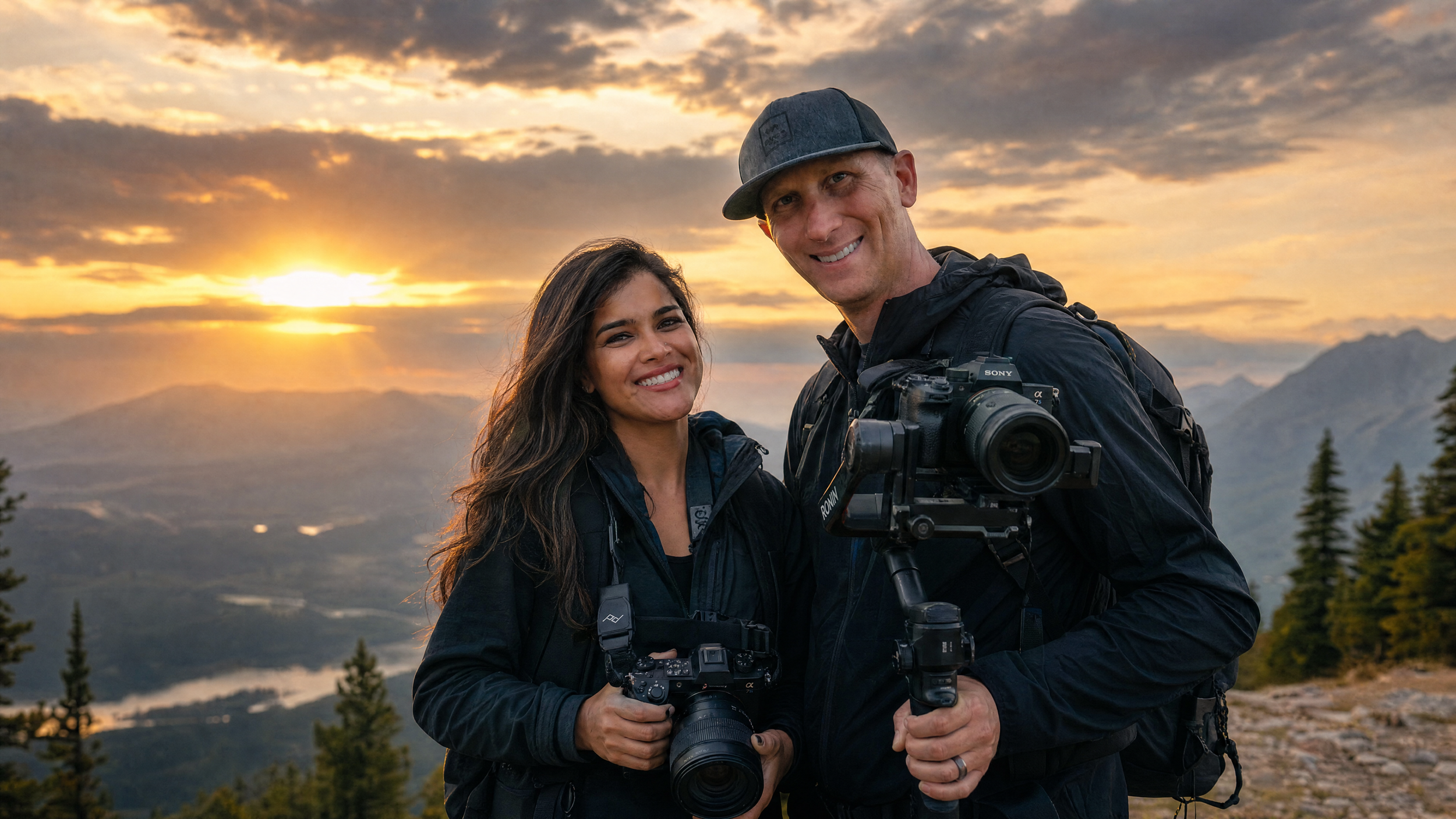 Mark and Radhika founders of MaRad Productions video production company Charlotte NC holding cameras at golden hour