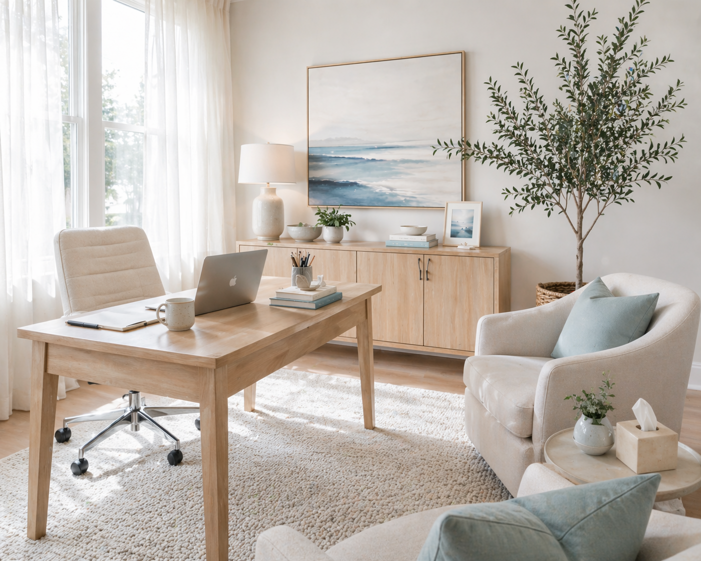 Bright coastal-style therapy office in South Carolina with soft natural light and neutral decor