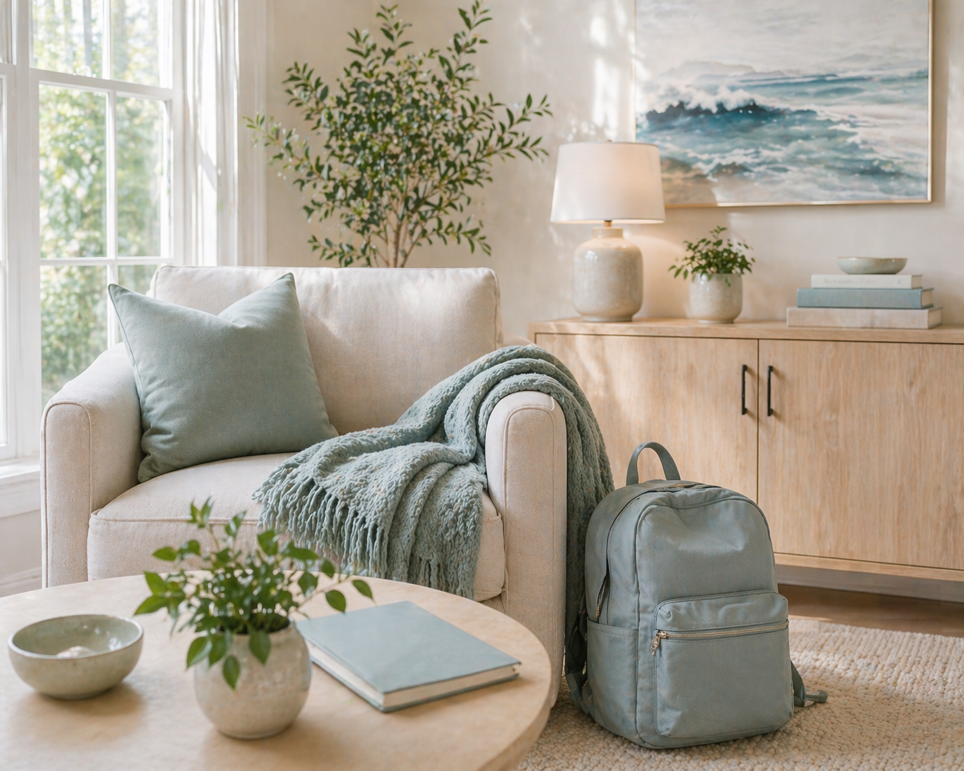 Minimalist counseling office in Vermont with soft textures and neutral tones