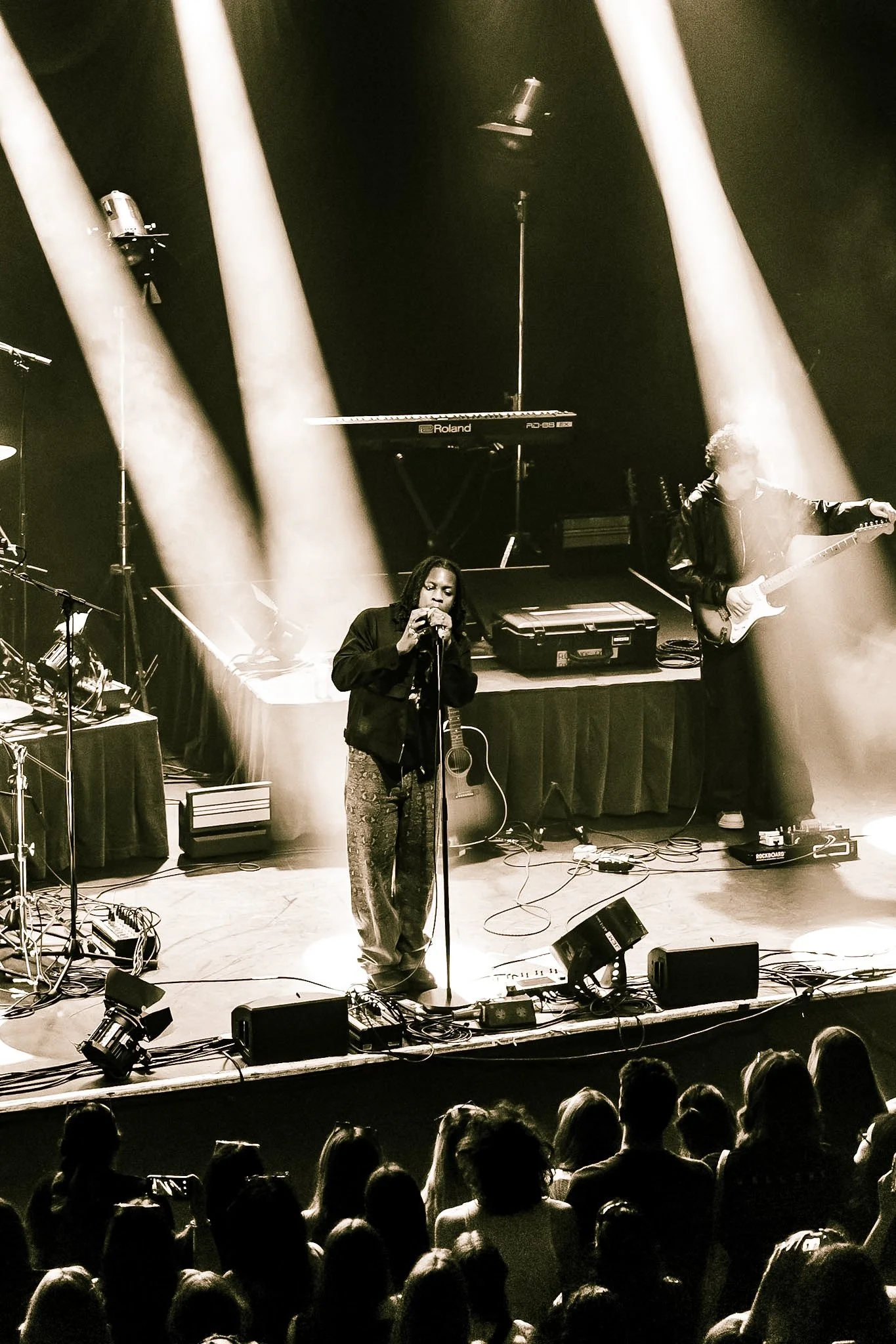 A live music performance with a singer at the microphone and a guitarist on the right side of the stage. The stage is lit with beams of light and audience members are visible in the foreground.