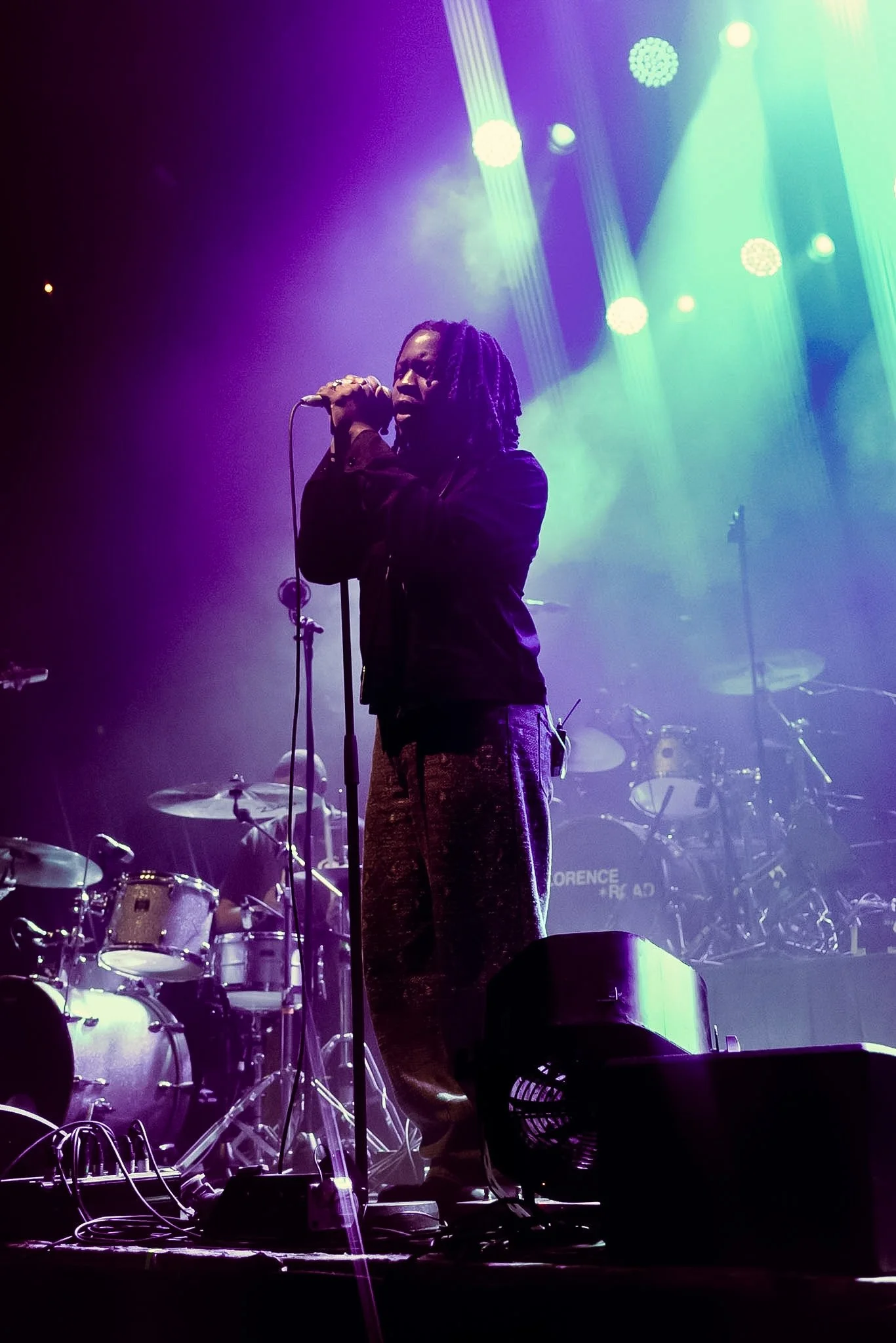 A person with dreadlocks singing into a microphone on a stage with colorful lights and musical instruments in the background.