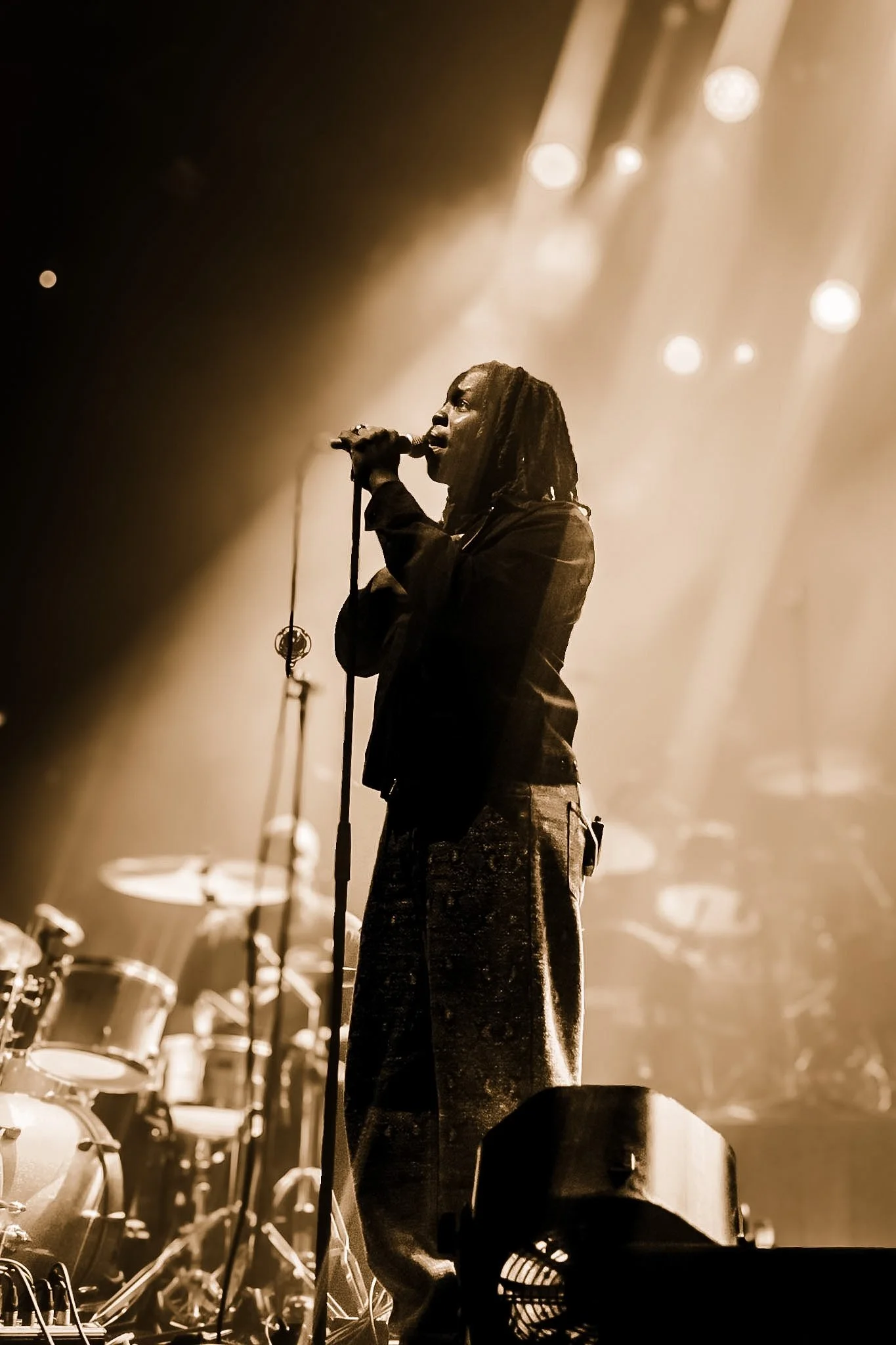 A singer with long dreadlocks performing on stage in sepia tone, illuminated by bright stage lights with musical instruments in the background.