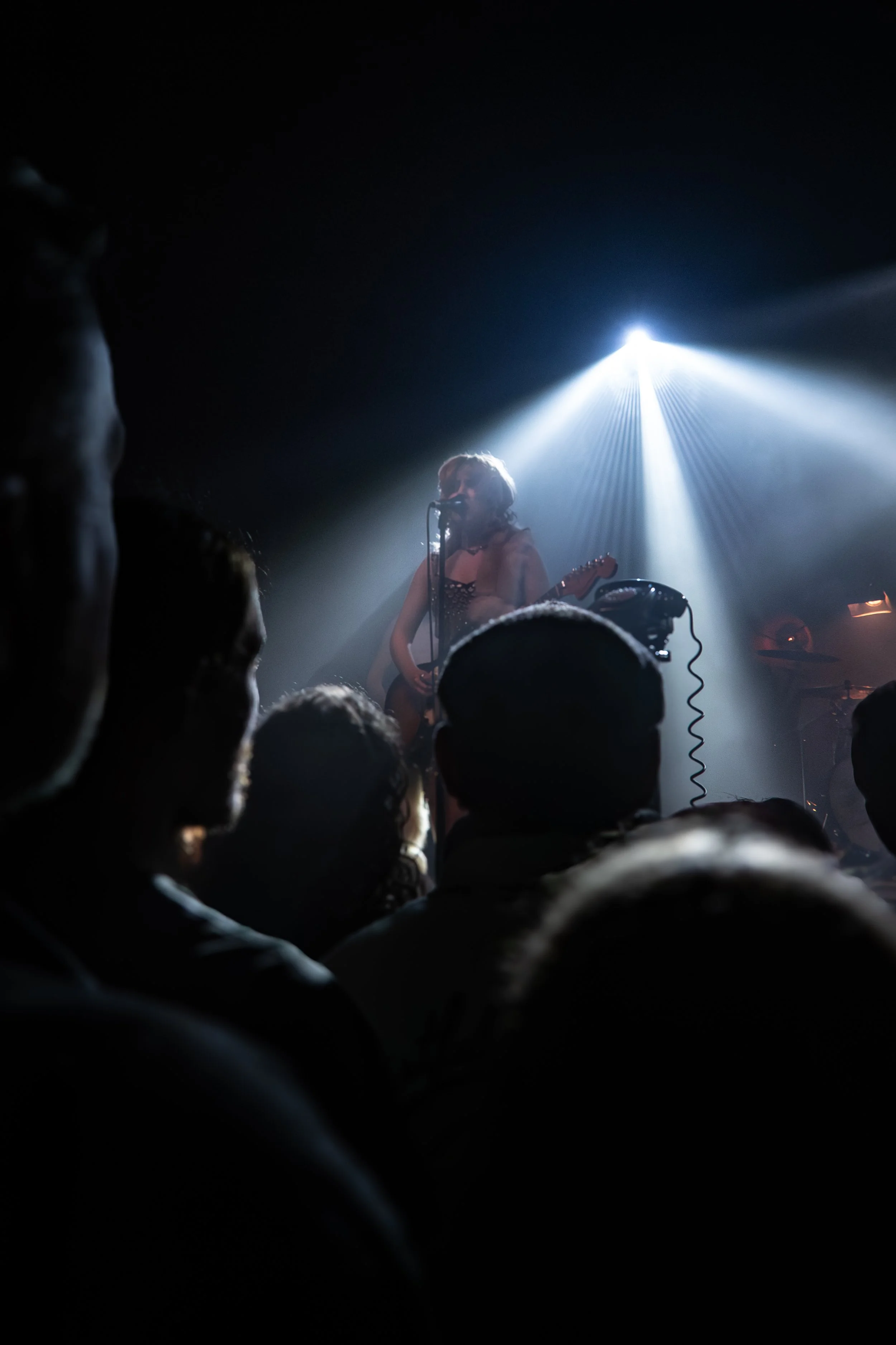 Musician with curly hair and glasses performing on stage, illuminated by bright light behind her, with an audience in the foreground.