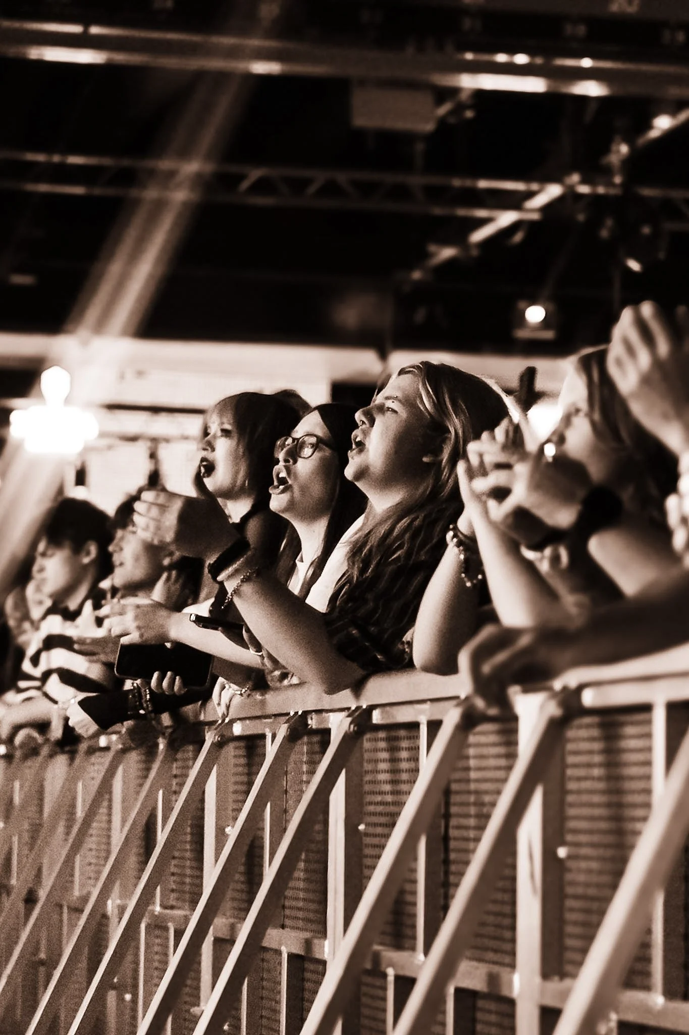 People singing passionately, holding singing cards, in an indoor concert or performance setting.