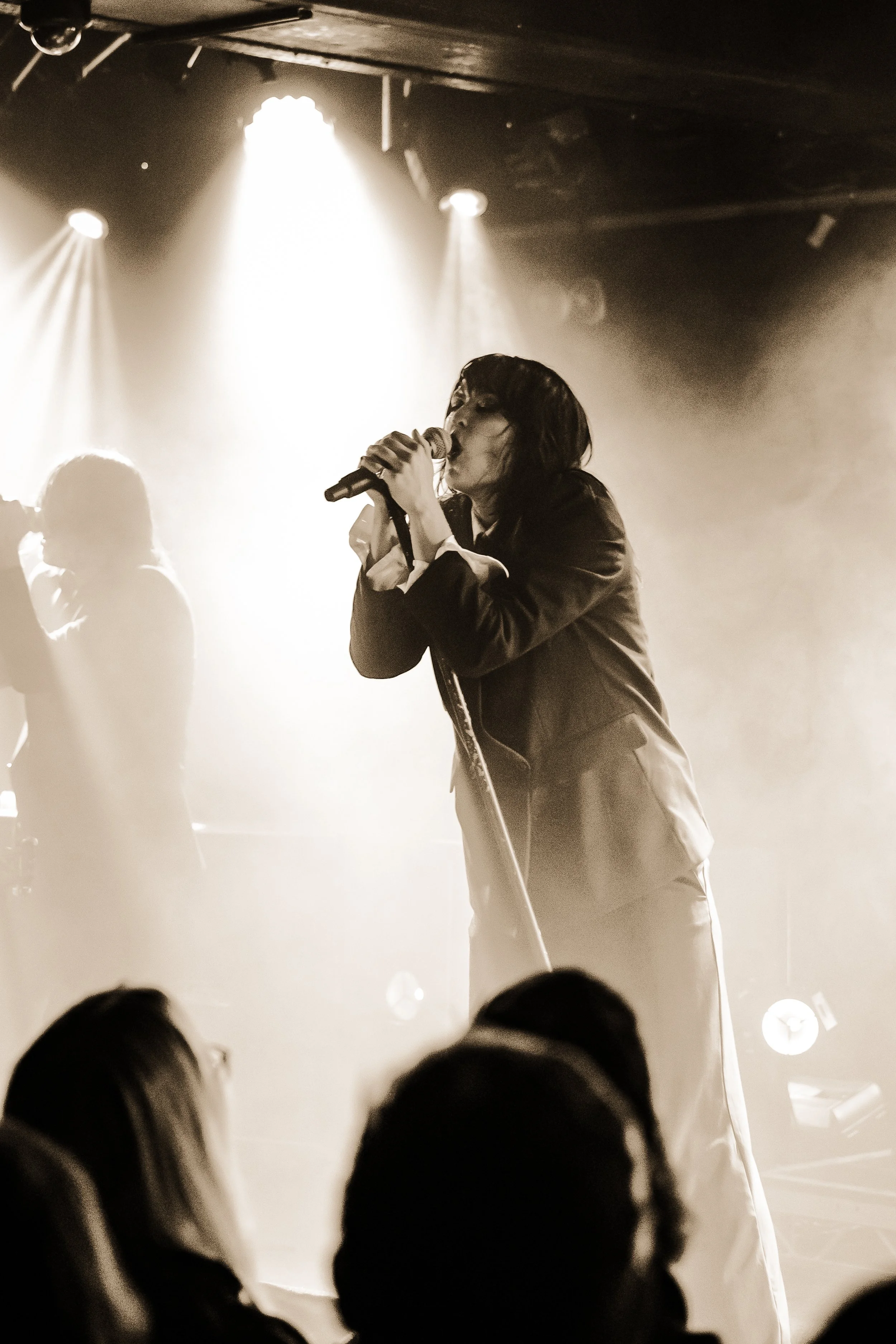 A female singer performs on stage, holding a microphone with her eyes closed and appearing emotionally engaged, with bright stage lights shining in the background and an audience visible in the foreground.