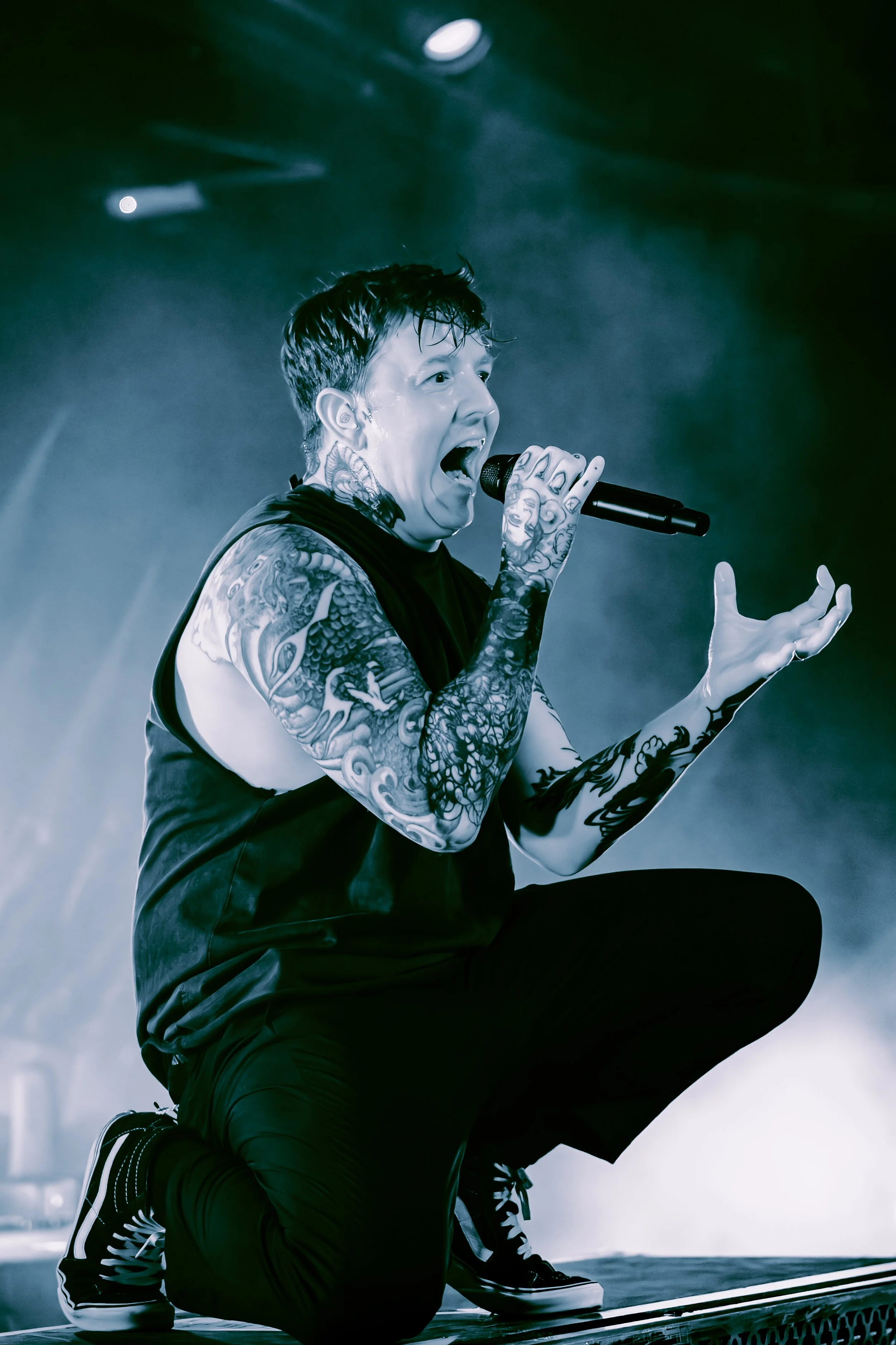 A tattooed man with short hair, wearing a sleeveless shirt and sneakers, crouching on a skateboard while singing into a microphone on stage.
