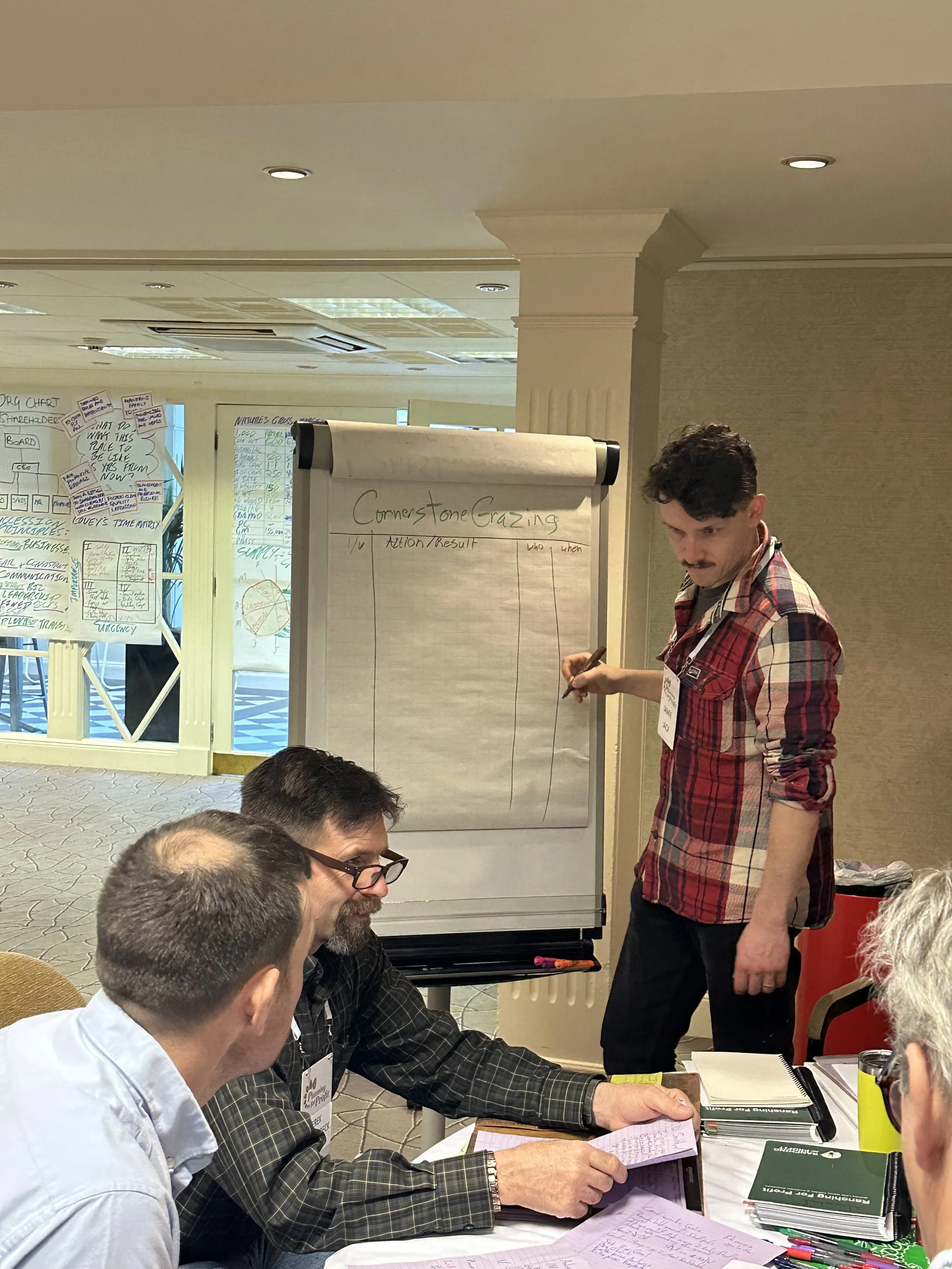 A group of people in a conference room engaged in a workshop. One man in a plaid shirt is standing near a flip chart that reads 'Cornerstone Grazing' and writing on a sticky note. Several people are seated at the table, looking at documents and taking notes.