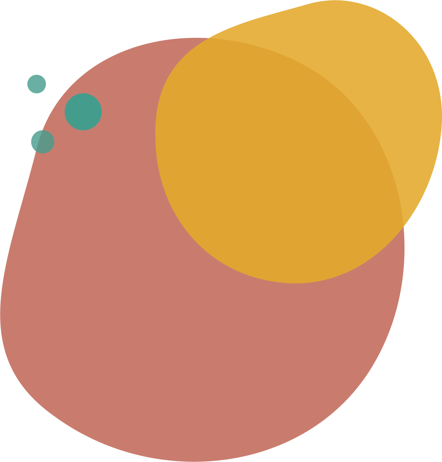 Abstrakte Illustration mit einer großen gelben und einer großen roten/rustfarbenen Form, kleine türkise Kreise an der linken oberen Seite.