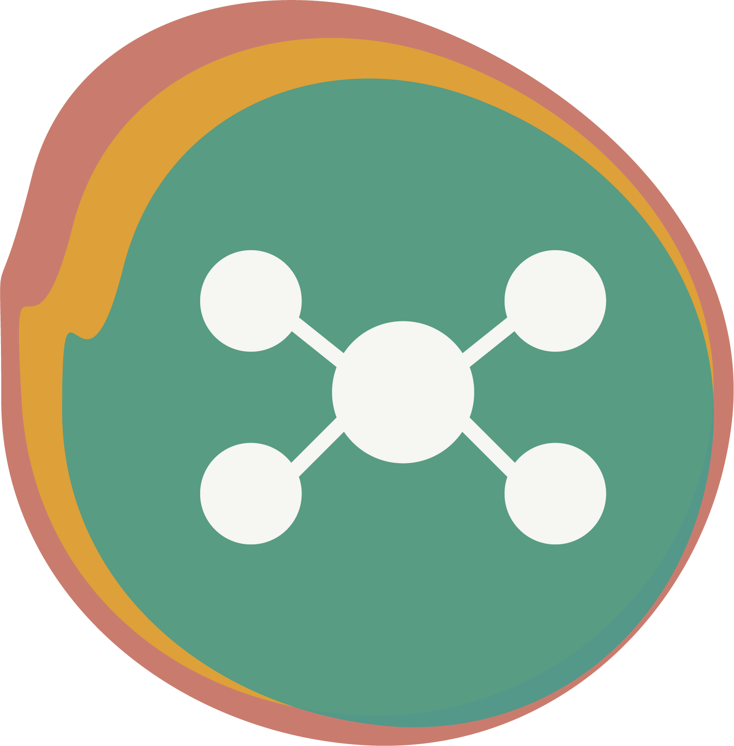 Grafik eines Moleküls mit einem zentralen Atom und sechs umliegenden Atomen, vor farbigem Hintergrund.