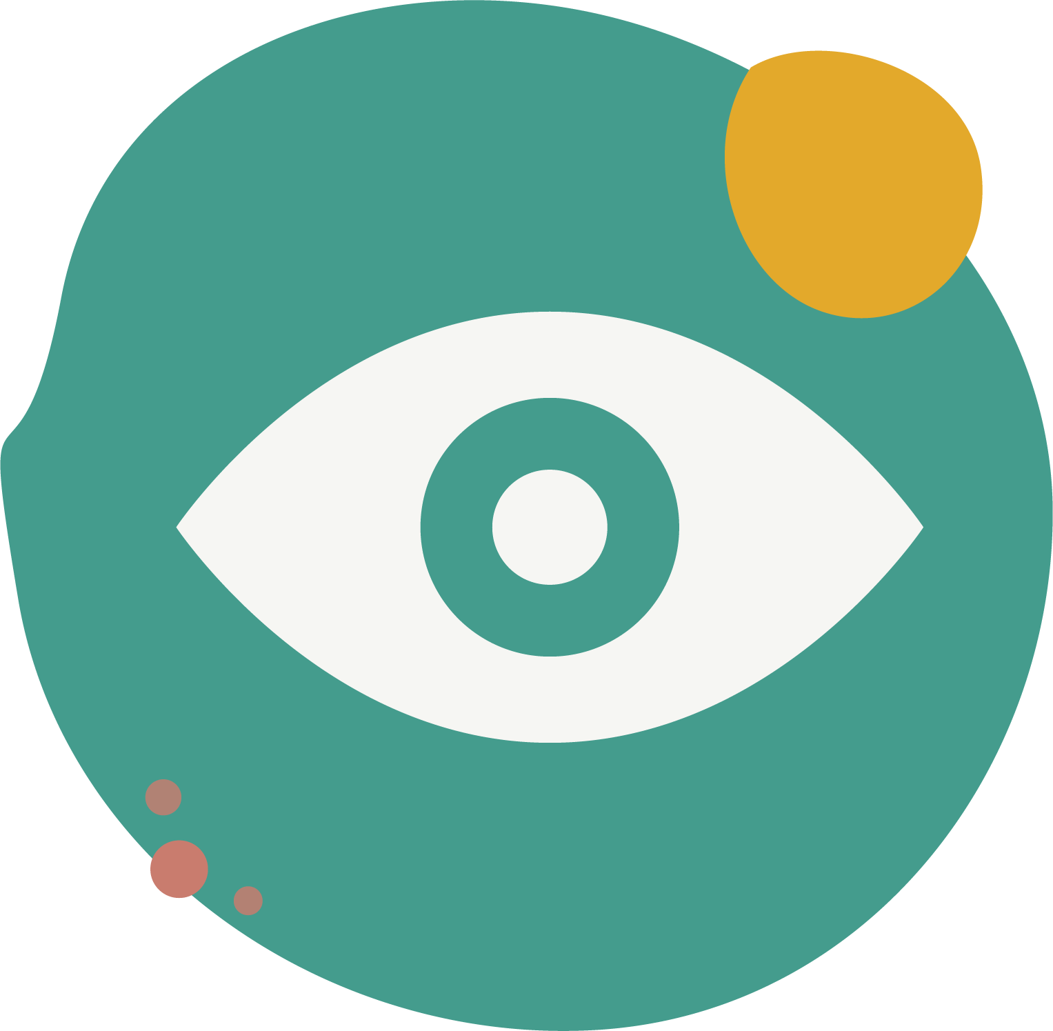Grafik mit einem Auge in der Mitte, ein goldener Kreis oben rechts, und kleine braune Kreise an der unteren linken Seite, alles auf einem tealfarbenen Hintergrund.