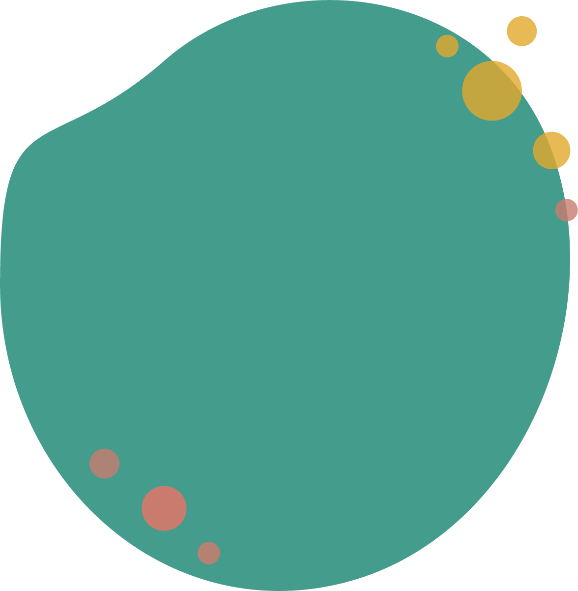 Grafik mit großen, unregelmäßigen blauen Form, kleine orange und rosa Kreise an der oberen rechten und unteren linken Seite, ohne klar erkennbare Details