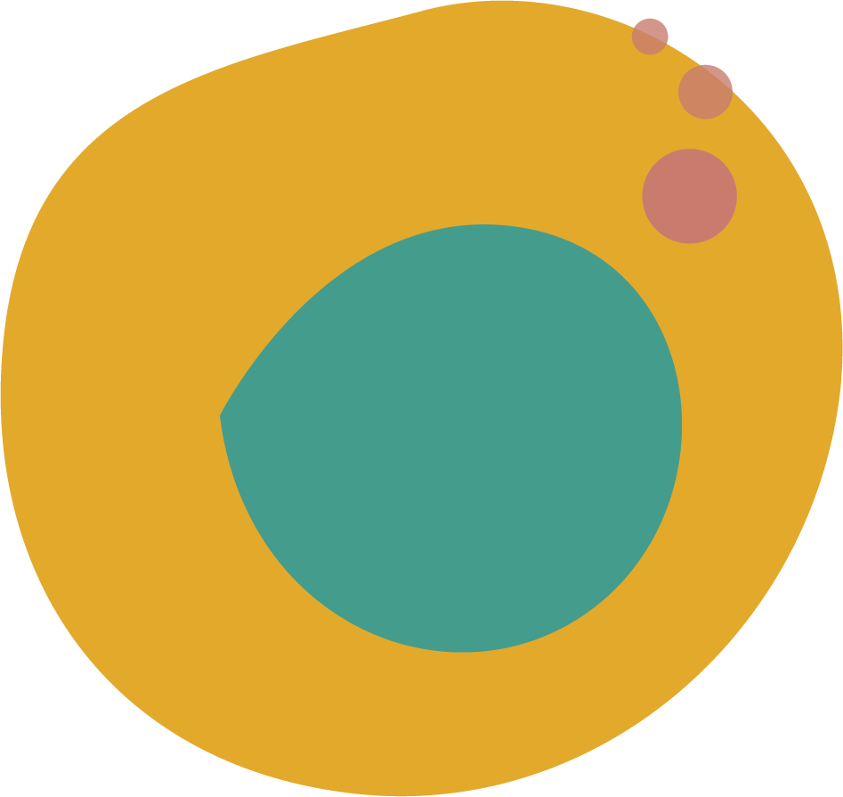 Ein Diagramm mit einem großen gelben Kreis, einem kleineren blauen Kreis in der Mitte und drei roten kleinen Kreisen am oberen Rand.