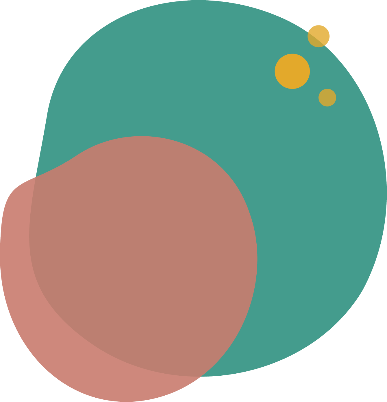 Abstrakte Illustration mit überlappenden, bunten, organischen Formen in Ellbogen- und Kreisbäuschen in Terrakotta, Blaugrün und Ocker.