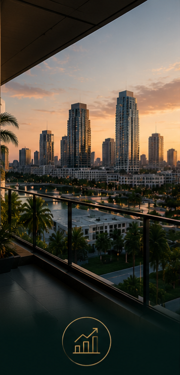 City skyline at sunset viewed from a balcony with glass railing and lush palm trees.