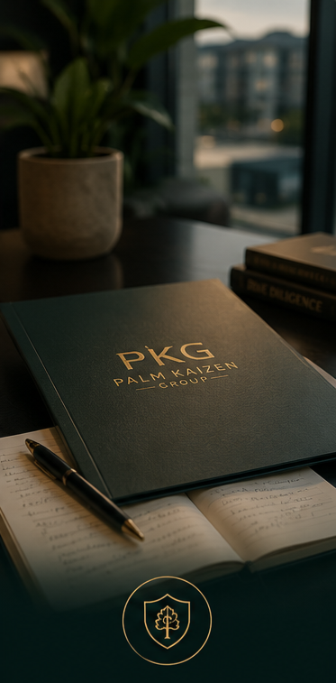 A dark green notebook labeled 'PKG Palm + Kaizen Group' resting on an open notebook with handwritten notes, a black pen, a potted plant, and other books on a dark desk near a window with a blurred cityscape background.