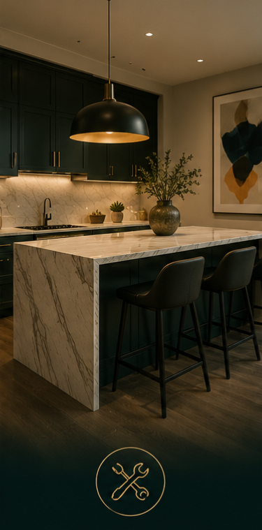 Modern kitchen with dark cabinets, marble island, black bar stools, pendant light, potted plants, and abstract wall art.