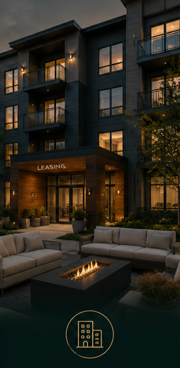 An outdoor seating area with couches surrounding a rectangular fire pit in front of a modern apartment building with balconies and warm lighting, with a leasing sign at the entrance.