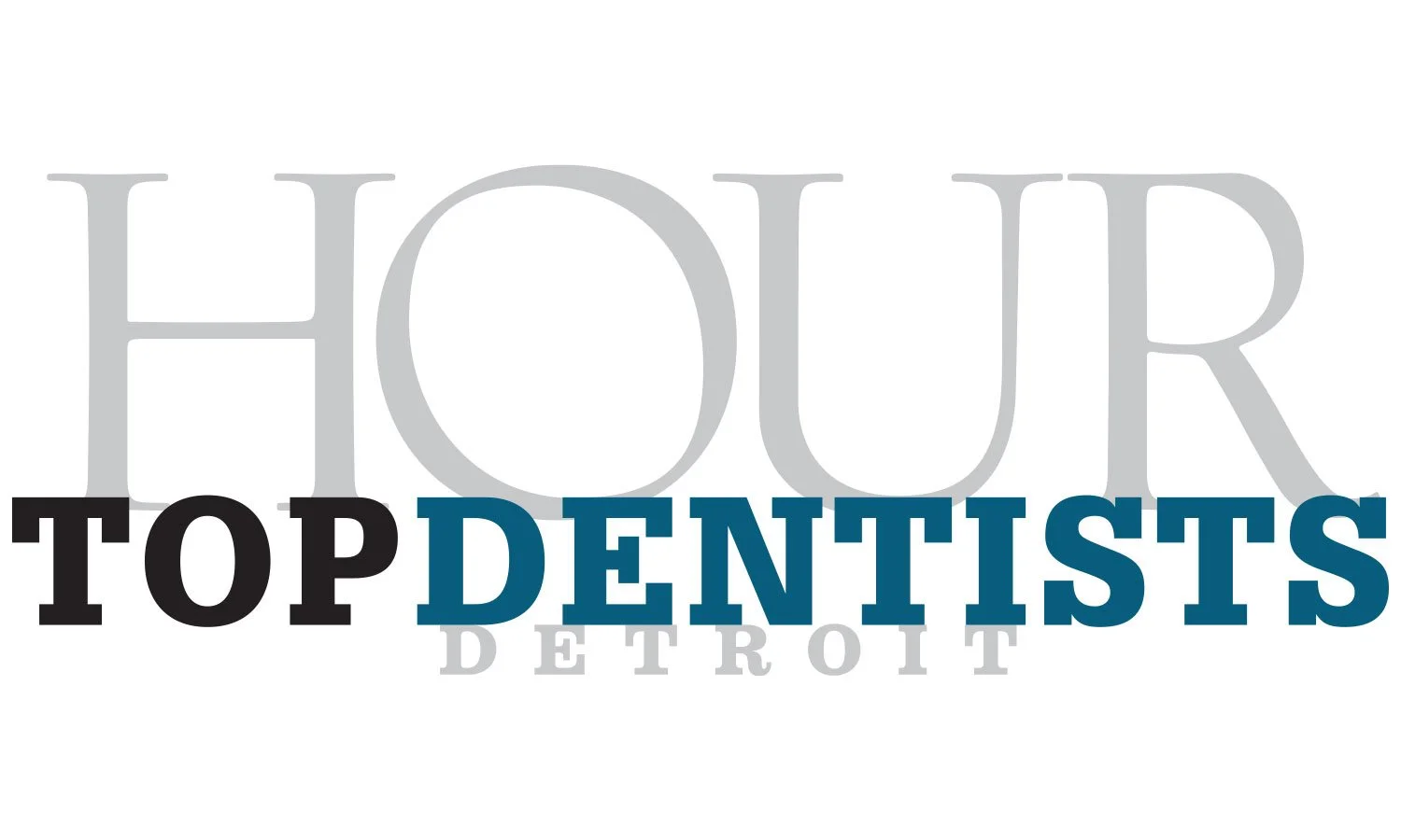 Logo with the words 'HOUR TOP DENTISTS DETROIT' with 'HOUR' in large grey letters, 'TOP' in black, 'DENTISTS' in blue, and 'DETROIT' in small grey letters.