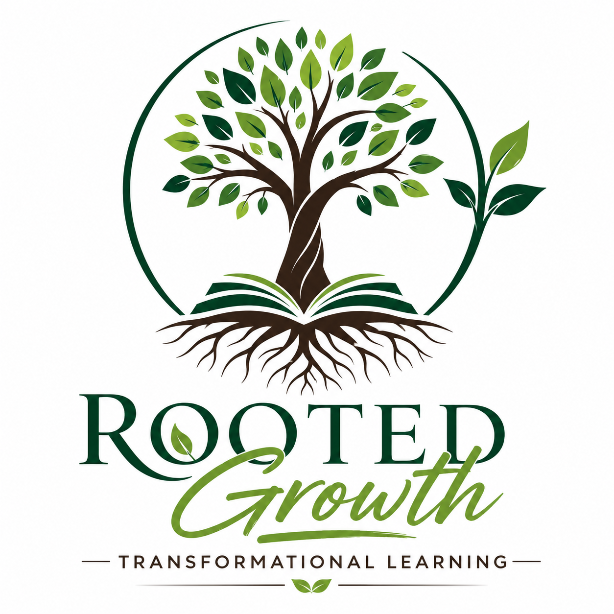 A logo featuring a large tree with roots, surrounded by a circle, with a leaf growing on the side. Below, the text reads 'Rooted Growth' with 'Transformational Learning' beneath.