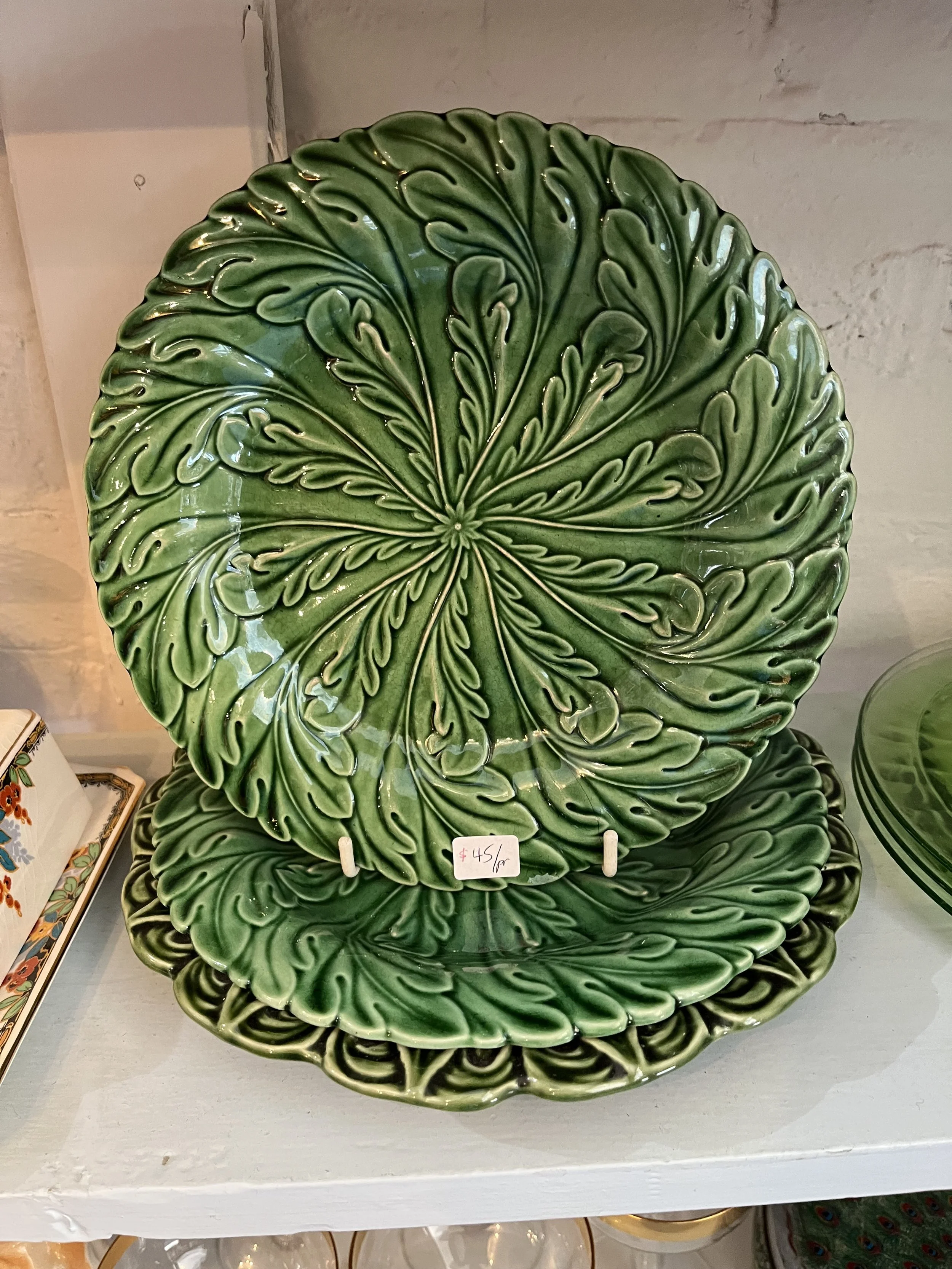 Cabbageware plates - Bordallo Pinheiro Majolica leaf patterned plates. 10" diameter ($40)