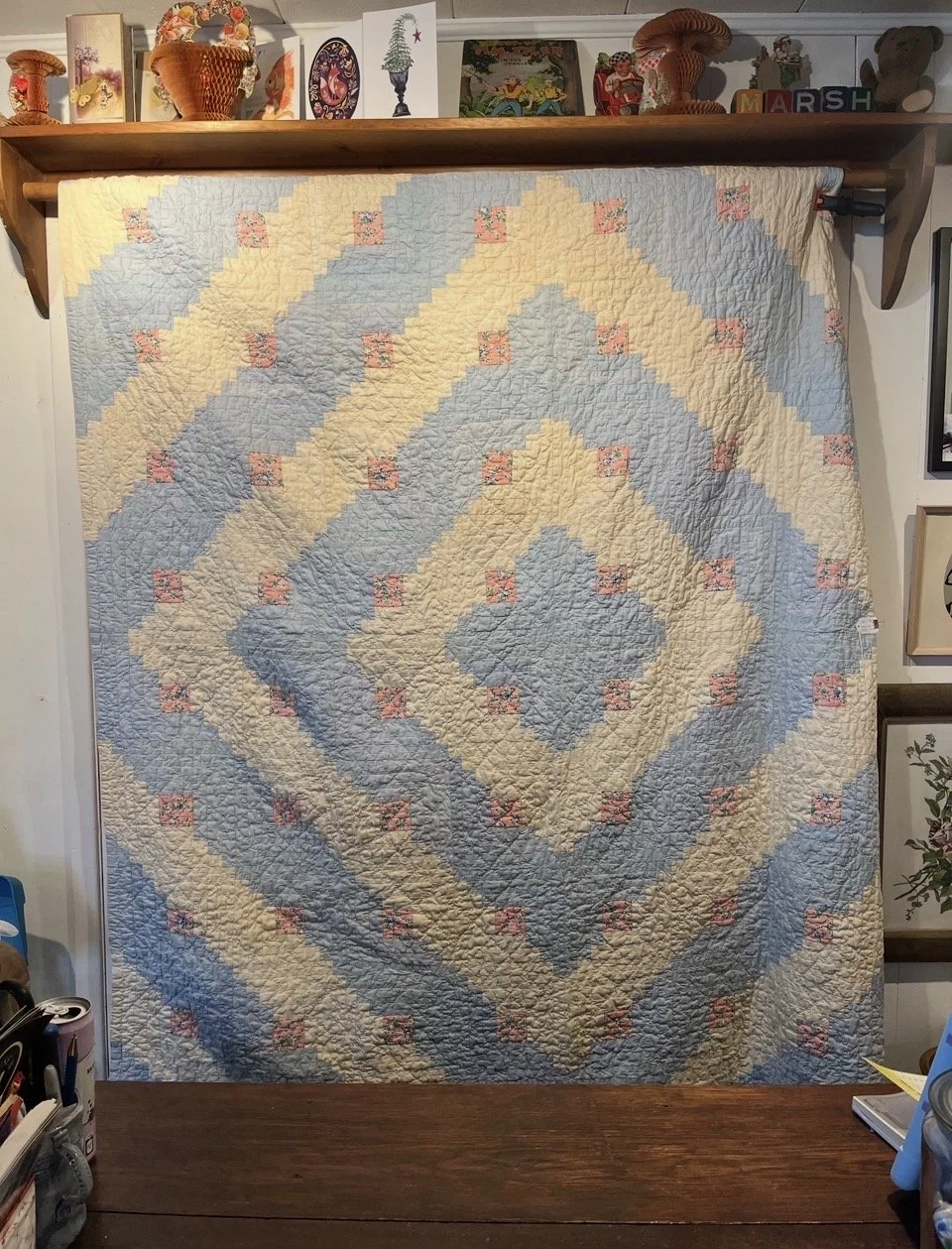 Log Cabin blue and pink - barn raising. Measures 72 x 76" ($250)