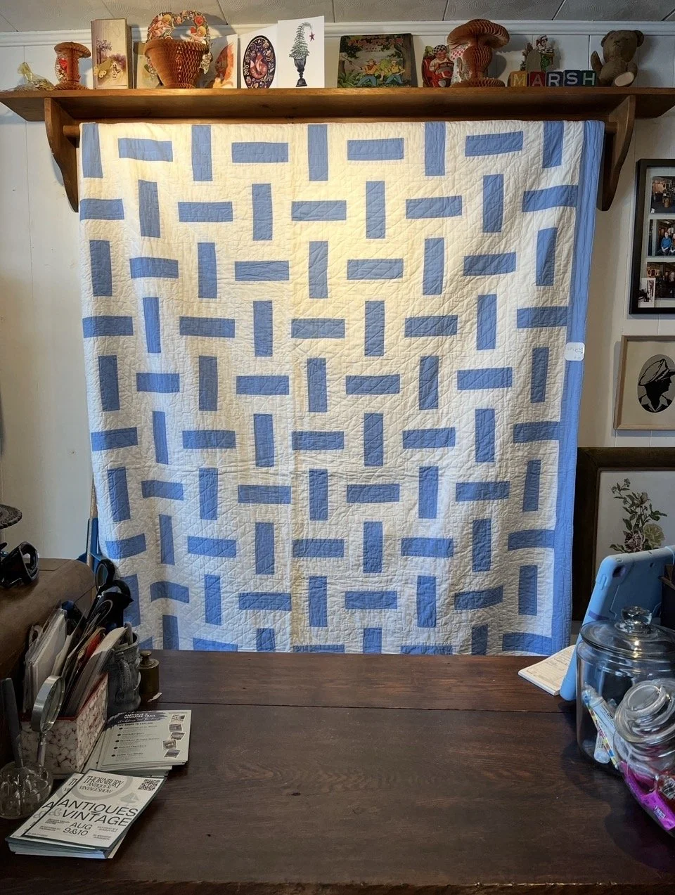 Blue and white  rectangles quilt-  Measures 67 x84".  SOLD