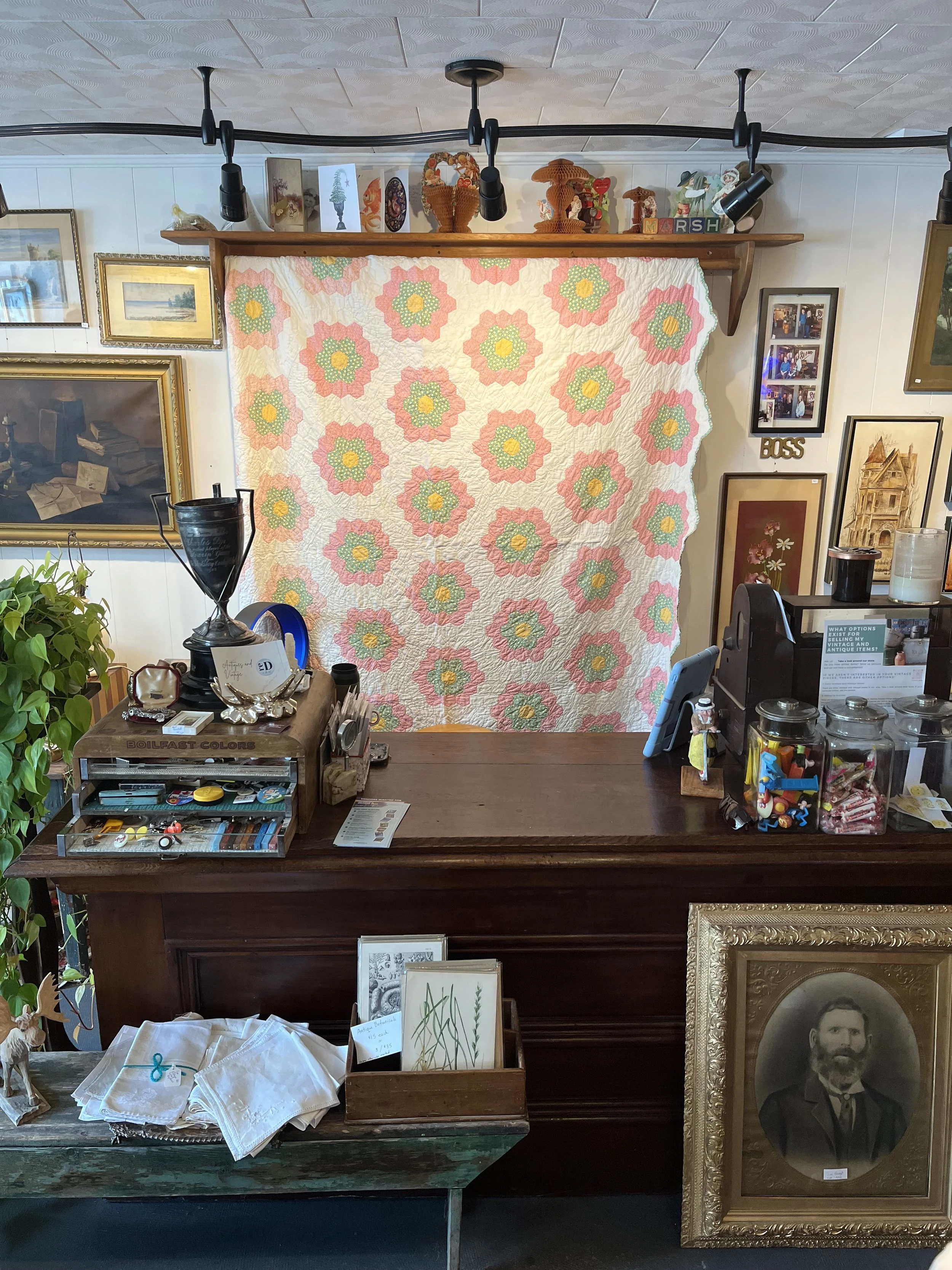 Grandmother's garden Pink and green- 1950s Measures 70 x 100 ($225)