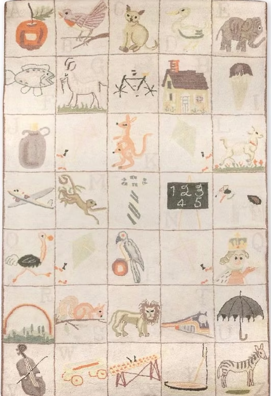 Large Quebec Hooked Rug:
Size: 96. x 57"
ex Hutchison and DiCenso Collection.
Early 20th century. Rare and charming Quebec hooked "alphabet" rug divided into thirty-five squares. 
($650)