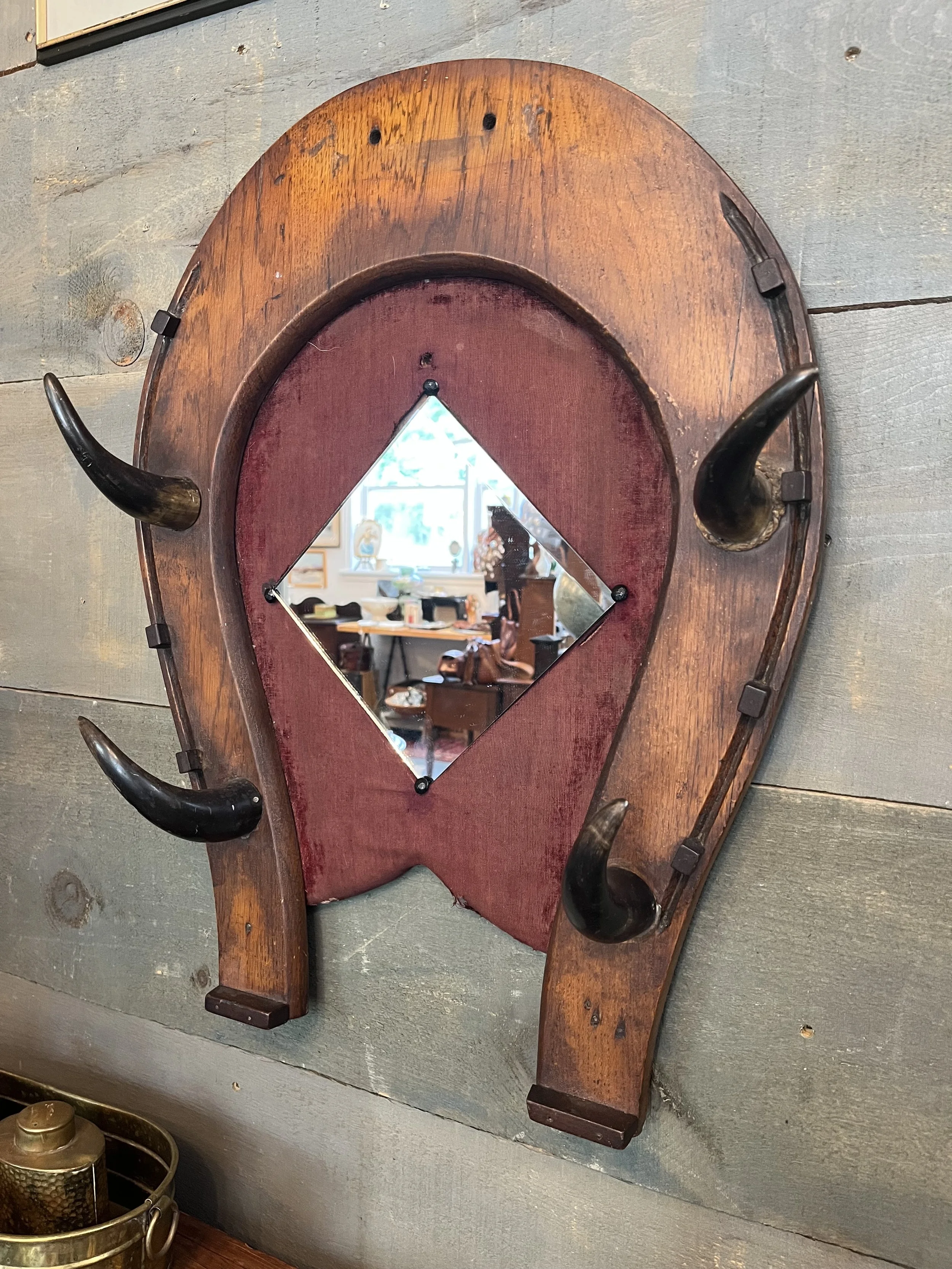 Horned Mirror- Horseshoe design hat rack.  30" tall. ($175)