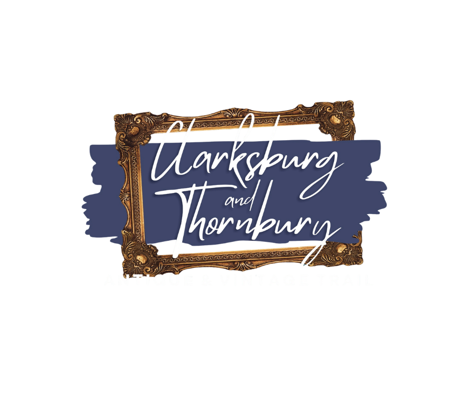 Logo for Clarksville and Thornbury, with a decorative gold frame and handwritten-style text, and additional text below.